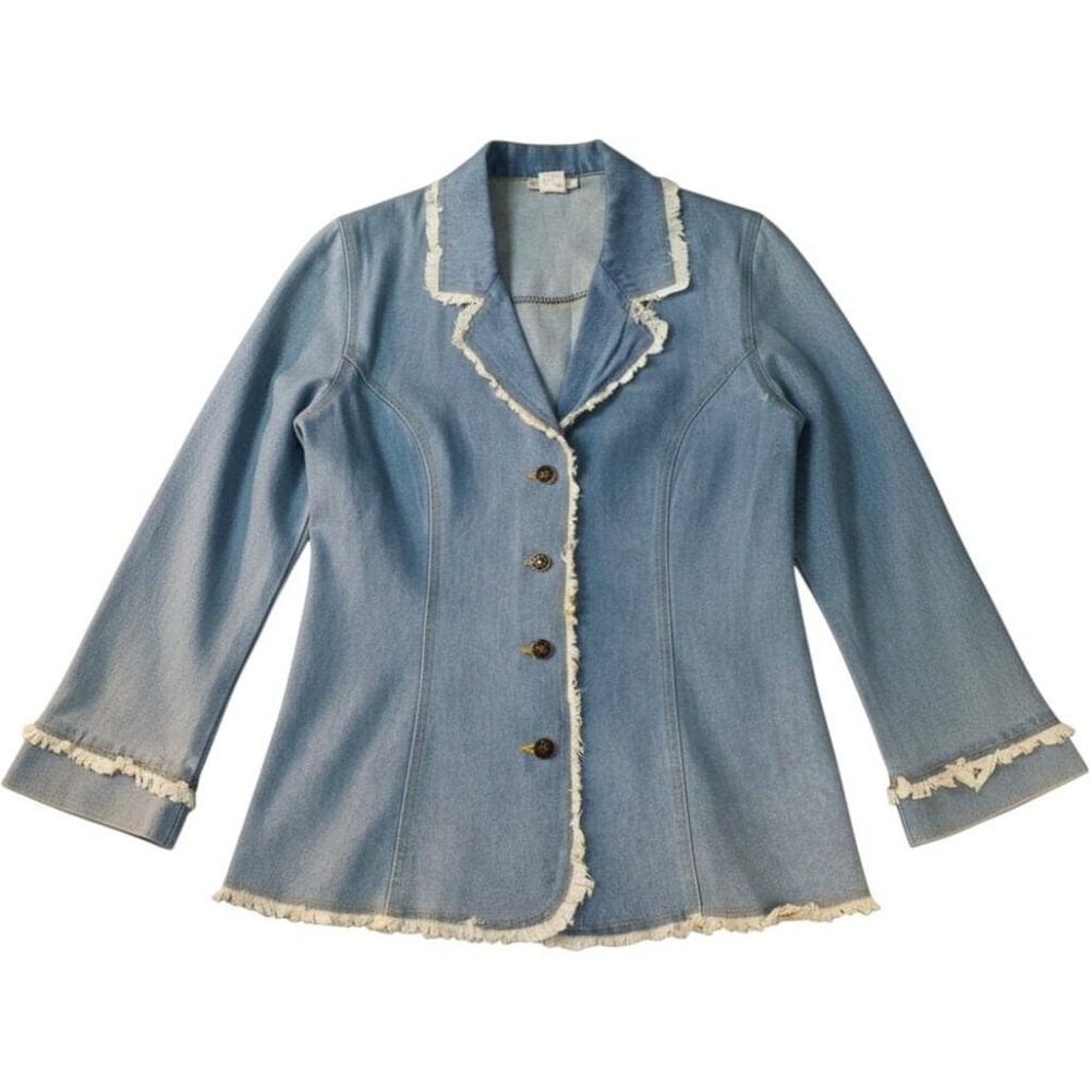 Vintage Y2K Maria Gabrielle Denim Blazer Jacket Womens 8 Light Wash Frayed Trim